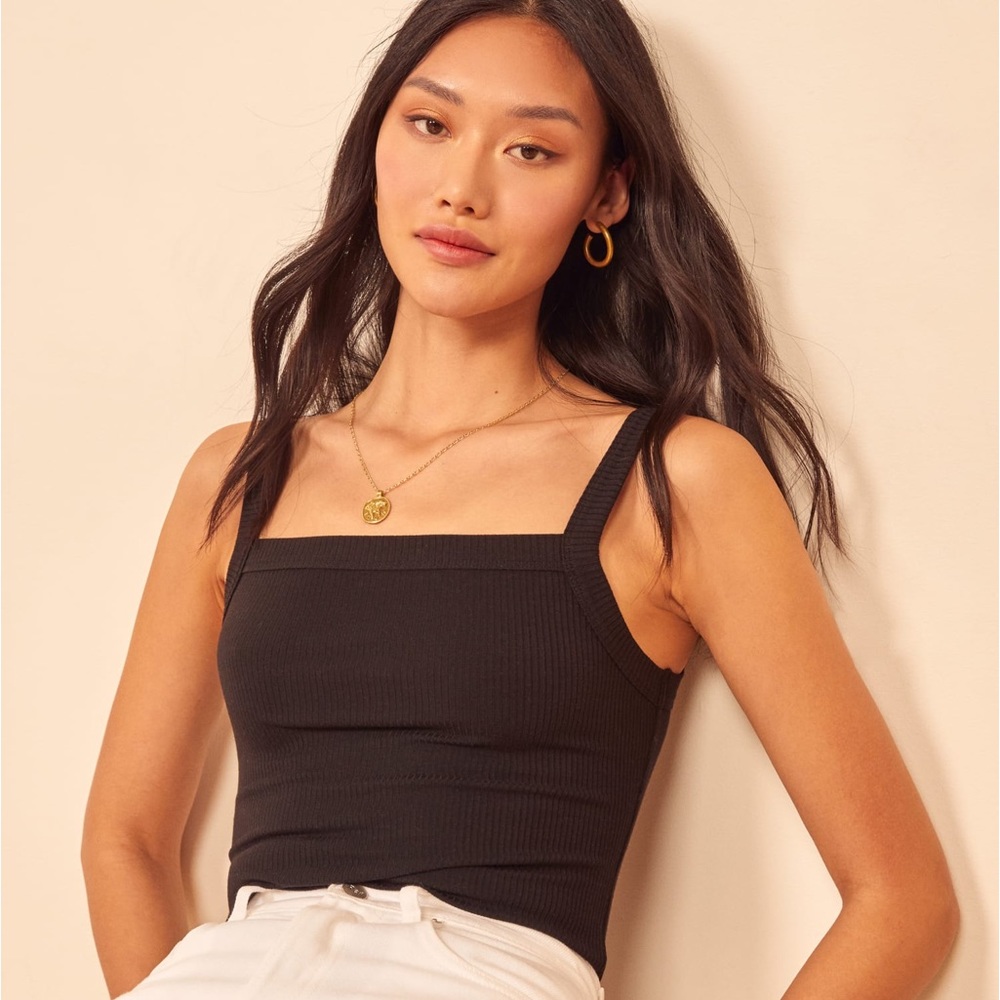 Reformation Rochelle Square Neck Ribbed Knit Tank, Black, XS - Picture 1 of 7
